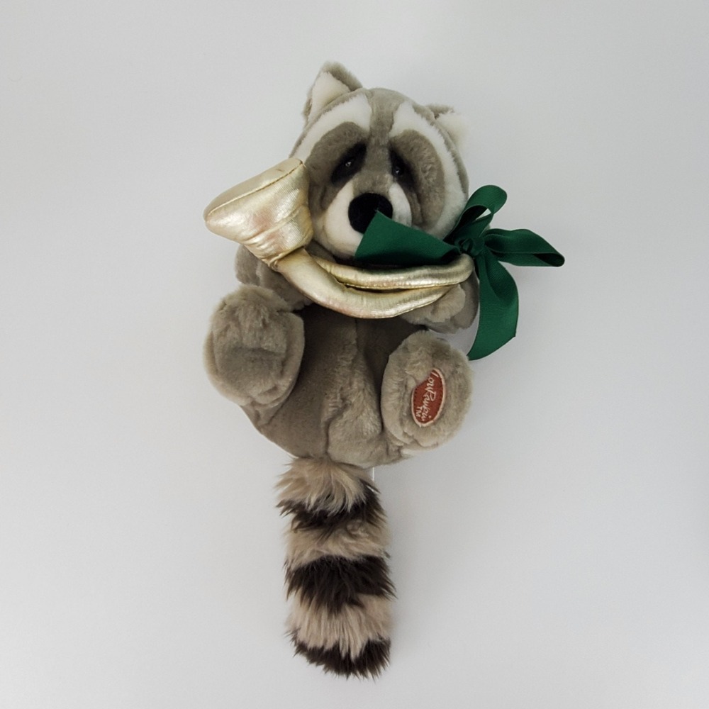 Dakin Pawberry Raccoon Plush Gold Horn Green Bow Holiday Stuffed Animal 9 inch